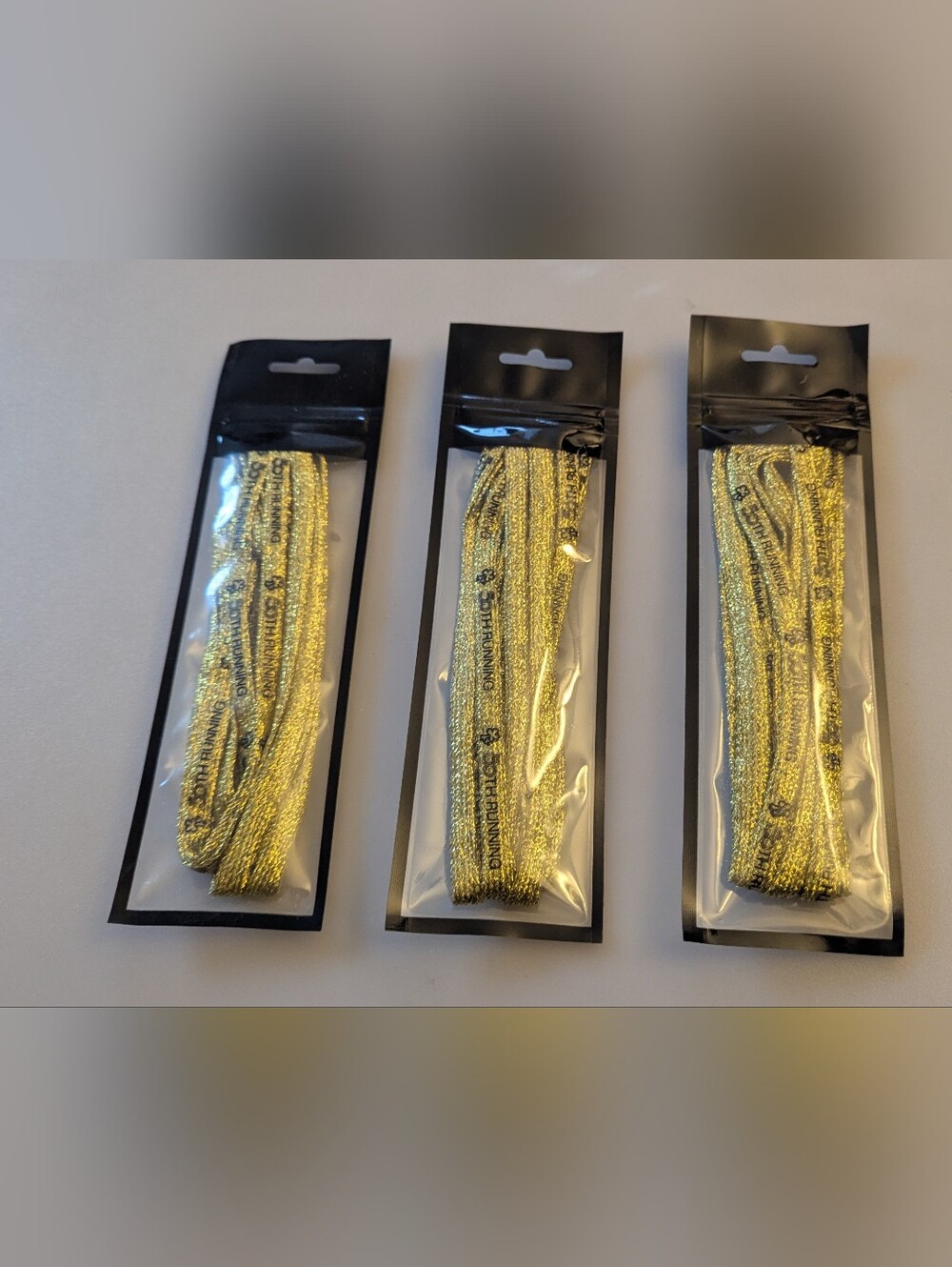 Set Of 3 New Sealed Package Of Gold Metallic Flat Glitter Shoelaces